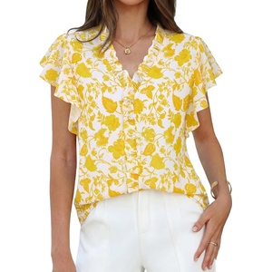 image:imageGRACE KARIN 2026 Boho Tops for Women Dressy CasualRuffle Sleeve Chiffon Blouses Floral ShirtsV Neck Summer Fashion ClothesYellow White