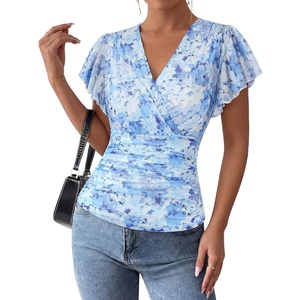image:imageGRACE KARIN 2026 Womens Mesh Tops Summer Ruffle Sleeve Dressy Casual Top Floral Wrap Blouse Fashion OutfitsBlue Floral
