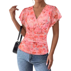 image:imageGRACE KARIN 2026 Womens Mesh Tops Summer Ruffle Sleeve Dressy Casual Top Floral Wrap Blouse Fashion OutfitsOrange