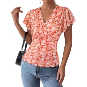 image:imageGRACE KARIN 2026 Womens Mesh Tops Summer Ruffle Sleeve Dressy Casual Top Floral Wrap Blouse Fashion OutfitsOrange Floral