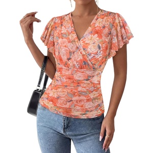 image:imageGRACE KARIN 2026 Womens Mesh Tops Summer Ruffle Sleeve Dressy Casual Top Floral Wrap Blouse Fashion OutfitsOrange Flower
