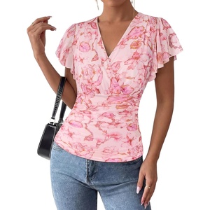 image:imageGRACE KARIN 2026 Womens Mesh Tops Summer Ruffle Sleeve Dressy Casual Top Floral Wrap Blouse Fashion OutfitsPink Floral