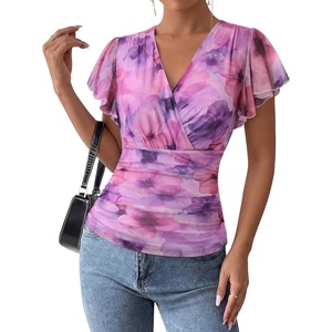image:imageGRACE KARIN 2026 Womens Mesh Tops Summer Ruffle Sleeve Dressy Casual Top Floral Wrap Blouse Fashion OutfitsPurple