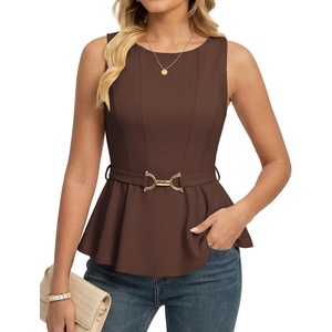 image:imageGRACE KARIN Peplum Tops for Women Work Business Casual Dressy Blouses ShirtsSleeveless Office Outfits with Tie Belt 2026Brown
