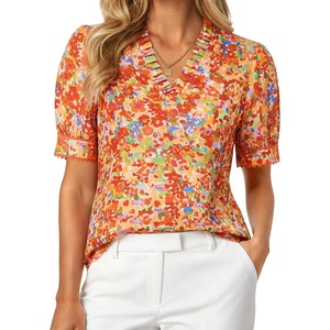 image:imageGRACE KARIN Women Boho Floral Tops Summer Puff Short Sleeve Dressy Casual Shirts 2026 Spring V Neck Vacation Work BlouseOrange