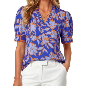 image:imageGRACE KARIN Women Boho Floral Tops Summer Puff Short Sleeve Dressy Casual Shirts 2026 Spring V Neck Vacation Work BlouseOrange Blue