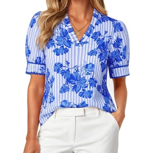 image:imageGRACE KARIN Women Boho Floral Tops Summer Puff Short Sleeve Dressy Casual Shirts 2026 Spring V Neck Vacation Work BlouseStriped Blue
