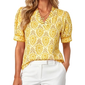 image:imageGRACE KARIN Women Boho Floral Tops Summer Puff Short Sleeve Dressy Casual Shirts 2026 Spring V Neck Vacation Work BlouseYellow