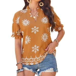 image:imageGRACE KARIN Womens Boho Tops Summer Spring Cotton Floral Blouses Short Sleeve Print Shirts V Neck Beach Vacation Clothes 2026Brown Boho Floral