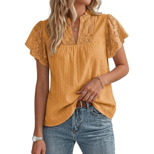 image:imageGRACE KARIN Womens Lace Short Sleeve Tops Summer Dressy Casual Cotton Blouses Flowy V Neck Dress Shirts Trendy Clothing 2026Orange