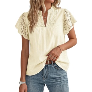 image:imageGRACE KARIN Womens Lace Short Sleeve Tops Summer Dressy Casual Cotton Blouses Flowy V Neck Dress Shirts Trendy Clothing 2026Oyster White