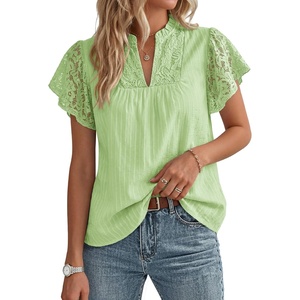 image:imageGRACE KARIN Womens Lace Short Sleeve Tops Summer Dressy Casual Cotton Blouses Flowy V Neck Dress Shirts Trendy Clothing 2026Pistachio Green