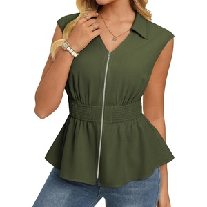 image:imageGRACE KARIN Womens Peplum Tops Business CasualShort Sleeve Work Blouses SummerZipper V Neck Shirts Cinched Smocked WaistArmy Green