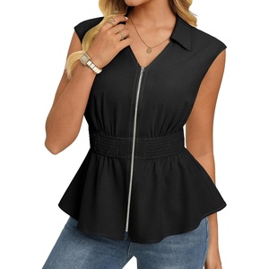 image:imageGRACE KARIN Womens Peplum Tops Business CasualShort Sleeve Work Blouses SummerZipper V Neck Shirts Cinched Smocked WaistBlack