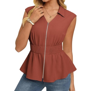 image:imageGRACE KARIN Womens Peplum Tops Business CasualShort Sleeve Work Blouses SummerZipper V Neck Shirts Cinched Smocked WaistBrick Red
