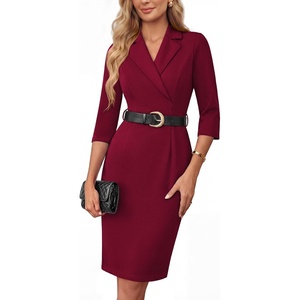 image:imageGRACE KARIN Womens Work Midi Dresses 2026 Summer 34 Sleeve Church Bodycon Dresses Pencil Office Business Dress with BeltWine