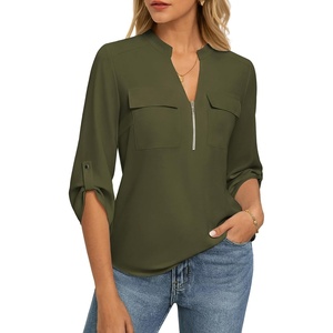 image:imageWomens Business Casual Tops34 Sleeve Henley Shirts with Zip UpOffice Work Blouses Lightweight SummerArmy Green