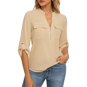 image:imageWomens Business Casual Tops34 Sleeve Henley Shirts with Zip UpOffice Work Blouses Lightweight SummerBeige