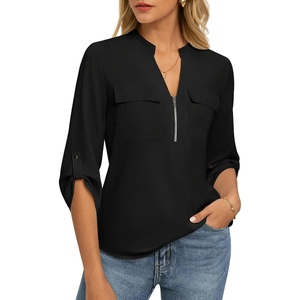 image:imageWomens Business Casual Tops34 Sleeve Henley Shirts with Zip UpOffice Work Blouses Lightweight SummerBlack