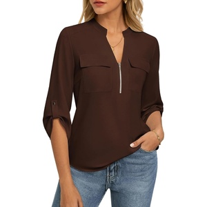 image:imageWomens Business Casual Tops34 Sleeve Henley Shirts with Zip UpOffice Work Blouses Lightweight SummerBrown