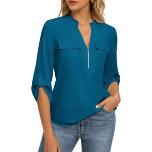 image:imageWomens Business Casual Tops34 Sleeve Henley Shirts with Zip UpOffice Work Blouses Lightweight SummerLake Blue