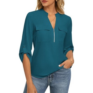 image:imageWomens Business Casual Tops34 Sleeve Henley Shirts with Zip UpOffice Work Blouses Lightweight SummerPeacock Blue