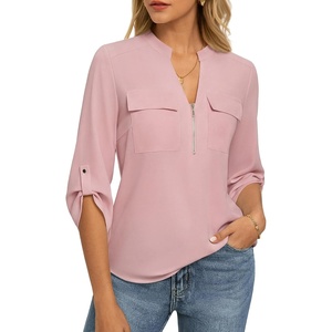 image:imageWomens Business Casual Tops34 Sleeve Henley Shirts with Zip UpOffice Work Blouses Lightweight SummerPink