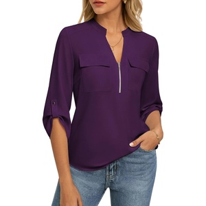 image:imageWomens Business Casual Tops34 Sleeve Henley Shirts with Zip UpOffice Work Blouses Lightweight SummerPurple