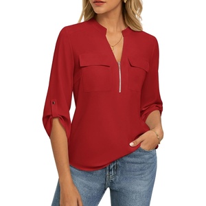 image:imageWomens Business Casual Tops34 Sleeve Henley Shirts with Zip UpOffice Work Blouses Lightweight SummerRed