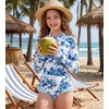 image:imageGRACE KARIN Girls One Piece Swimsuits Long Sleeve Bathing Suits Swimwear 514YWhite Blue Leaves