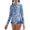 image:imageGRACE KARIN Girls One Piece Swimsuits Long Sleeve Bathing Suits Swimwear 514YWhite Gray Blue Floral