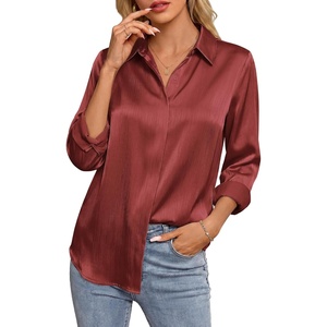image:imageGRACE KARIN 2026 Womens Silky Satin Button Down Shirts Long Sleeve Work Blouses Dressy Casual TopsBrown Red