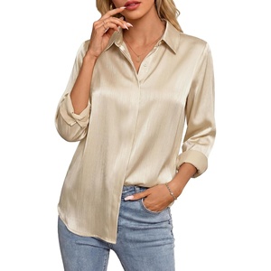 image:imageGRACE KARIN 2026 Womens Silky Satin Button Down Shirts Long Sleeve Work Blouses Dressy Casual TopsLight Camel
