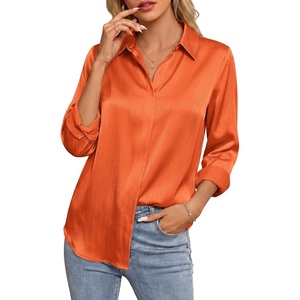 image:imageGRACE KARIN 2026 Womens Silky Satin Button Down Shirts Long Sleeve Work Blouses Dressy Casual TopsRed Orange