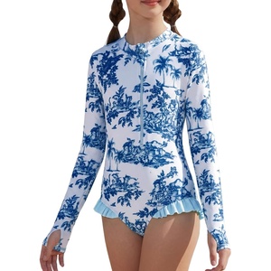 image:imageGRACE KARIN Girls One Piece Swimsuits Long Sleeve Bathing Suits Swimwear 514YWhite Blue Leaves