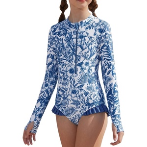 image:imageGRACE KARIN Girls One Piece Swimsuits Long Sleeve Bathing Suits Swimwear 514YWhite Gray Blue Floral
