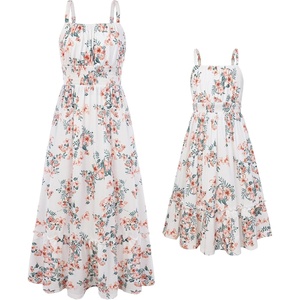 image:imageGRACE KARIN Mommy and Me Floral Smocked DressSpaghetti Strap Boho DressSummer Maxi Dress with PocketsApricot Flower