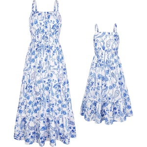 image:imageGRACE KARIN Mommy and Me Floral Smocked DressSpaghetti Strap Boho DressSummer Maxi Dress with PocketsBlue Flower