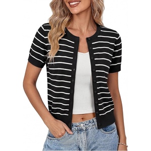 image:imageGRACE KARIN Women Short Sleeve Cardigan 2026 Summer Knitted Sweater Tops Basic Crew Neck Crop Outfits01 Black White