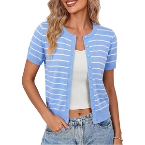 image:imageGRACE KARIN Women Short Sleeve Cardigan 2026 Summer Knitted Sweater Tops Basic Crew Neck Crop OutfitsBlue White