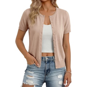 image:imageGRACE KARIN Women Short Sleeve Cardigan 2026 Summer Knitted Sweater Tops Basic Crew Neck Crop OutfitsKhaki