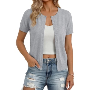 image:imageGRACE KARIN Women Short Sleeve Cardigan 2026 Summer Knitted Sweater Tops Basic Crew Neck Crop OutfitsLight Gray