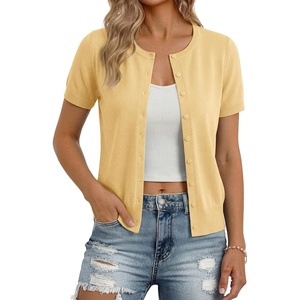 image:imageGRACE KARIN Women Short Sleeve Cardigan 2026 Summer Knitted Sweater Tops Basic Crew Neck Crop OutfitsLight Yellow