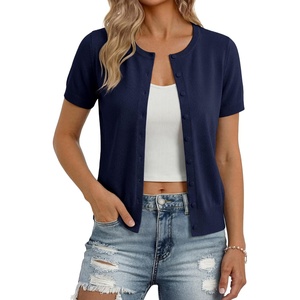 image:imageGRACE KARIN Women Short Sleeve Cardigan 2026 Summer Knitted Sweater Tops Basic Crew Neck Crop OutfitsNavy