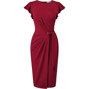 image:imageGRACE KARIN Church Dresses for WomenRuffle Short Sleeve Work DressRuched Bodycon Business Midi DressDark Red