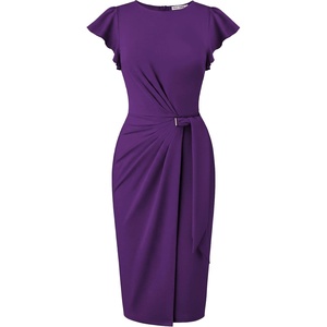 image:imageGRACE KARIN Church Dresses for WomenRuffle Short Sleeve Work DressRuched Bodycon Business Midi DressDeep Purple