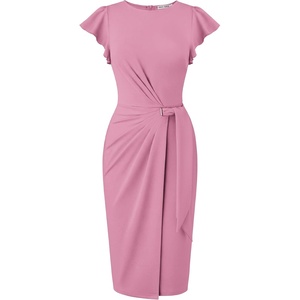 image:imageGRACE KARIN Church Dresses for WomenRuffle Short Sleeve Work DressRuched Bodycon Business Midi DressGray Pink