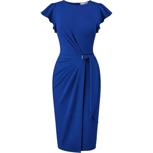image:imageGRACE KARIN Church Dresses for WomenRuffle Short Sleeve Work DressRuched Bodycon Business Midi DressRoyal Blue