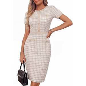 image:imageGRACE KARIN Women Summer Work Dress 2026 Short Sleeve Bodycon Tweed Dresses Button Knee Length Pencil Business Causal OutfitsApricot