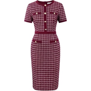 image:imageGRACE KARIN Women Summer Work Dress 2026 Short Sleeve Bodycon Tweed Dresses Button Knee Length Pencil Business Causal OutfitsWine